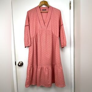 Olsen Cotton Eyelet Empire Waist Midi Dress size M or 8 Coral Summer Weekend